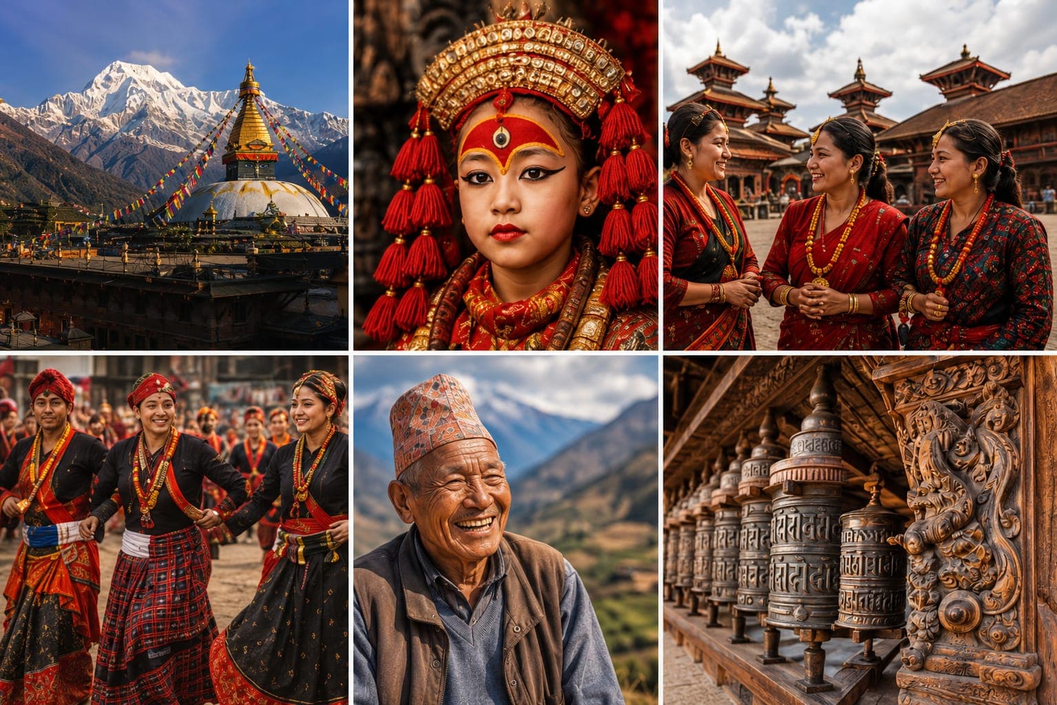 Nepalese mountains, people, temples, and prayer wheels